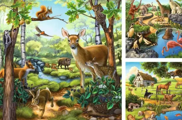 Puzzle: Wald-/Zoo-/Haustiere (3x49 Teile)