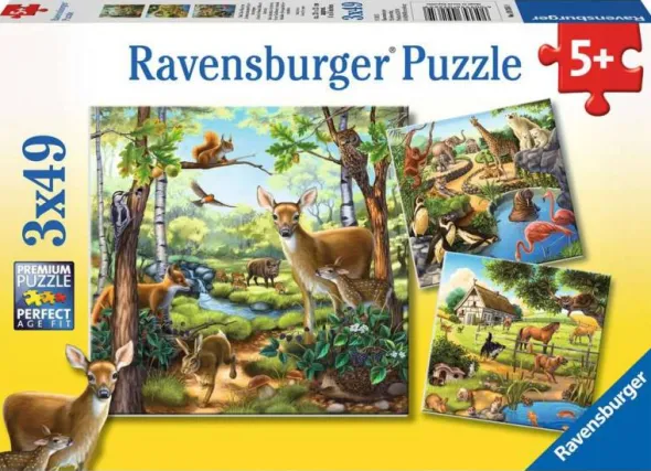 Puzzle: Wald-/Zoo-/Haustiere (3x49 Teile)